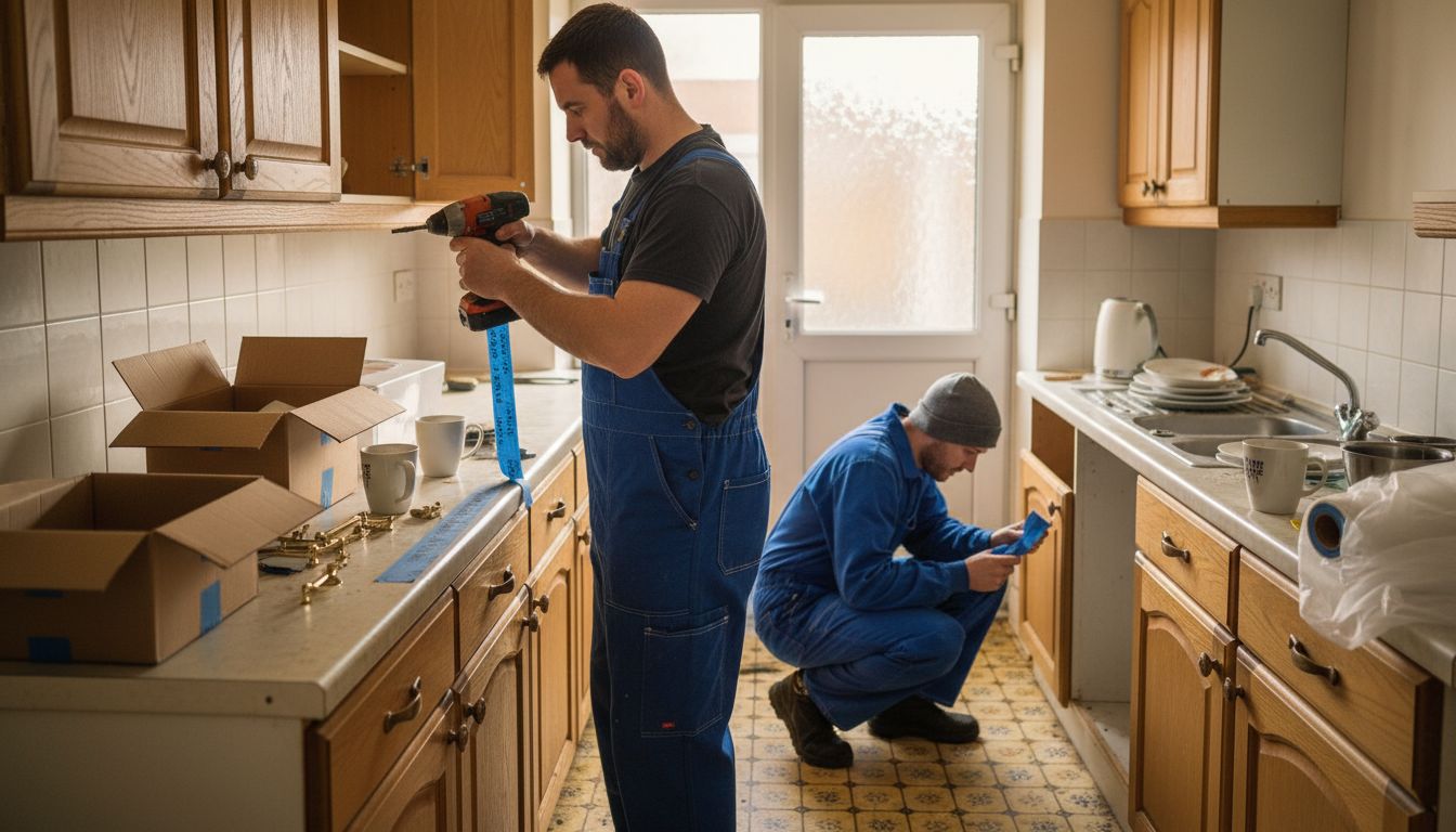 Contractors removing kitchen cabinet doors