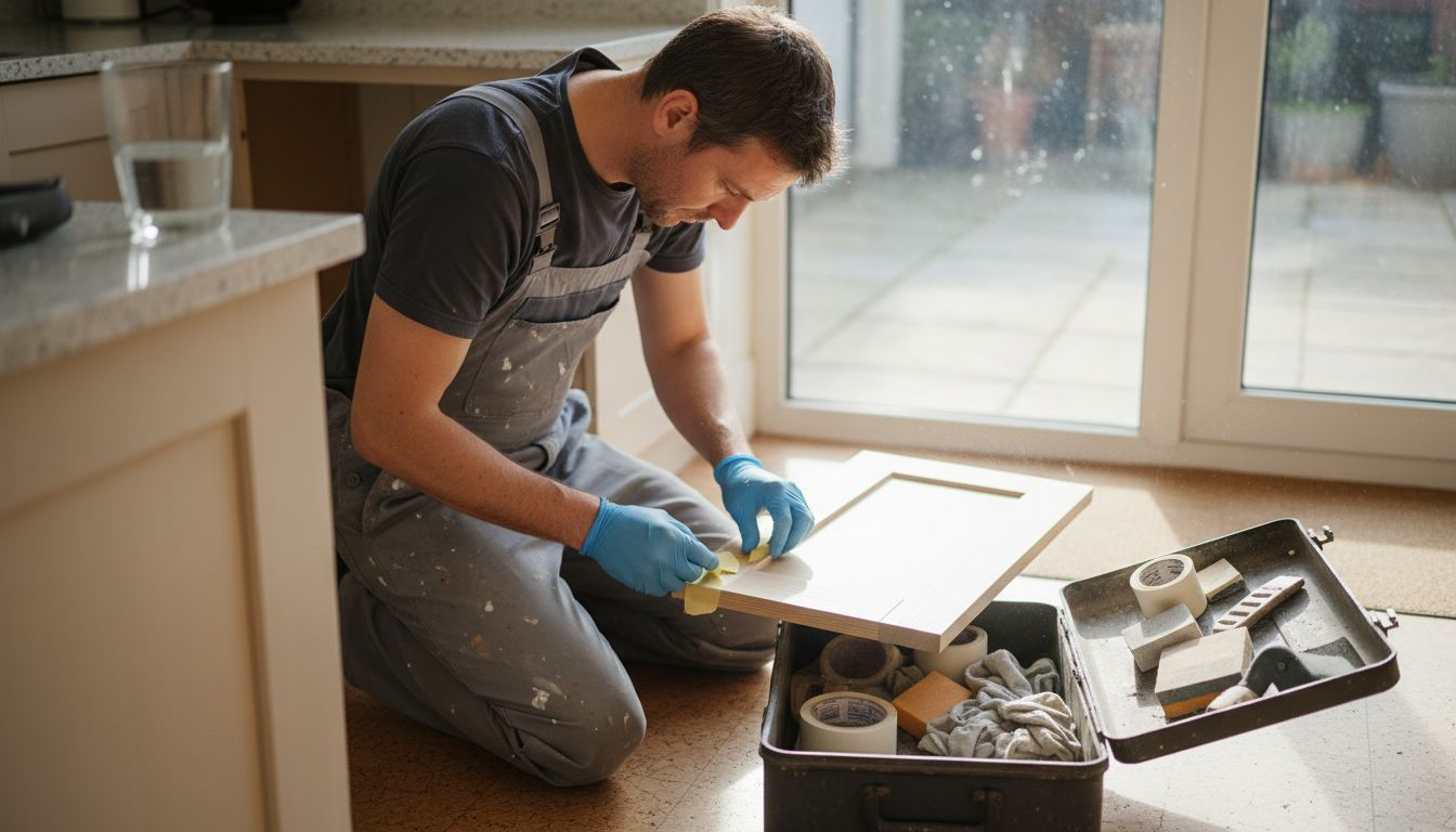 Technician preparing kitchen cabinets for respray