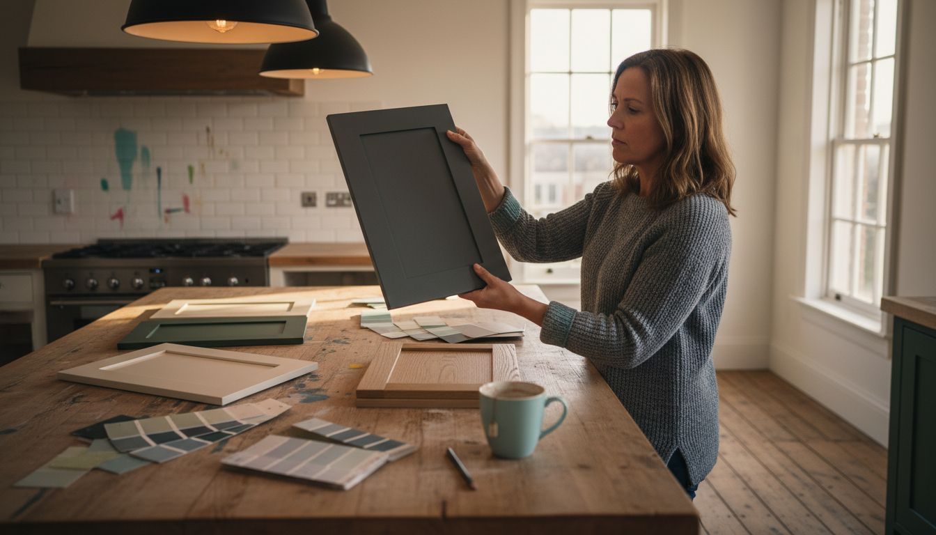 Woman comparing cabinet paint finishes