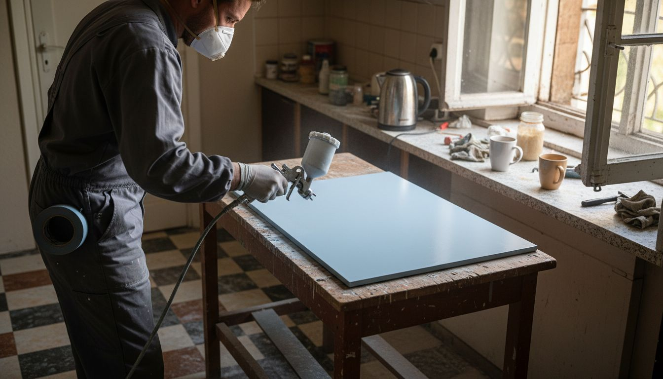 Technician spraying kitchen cabinet in rental home