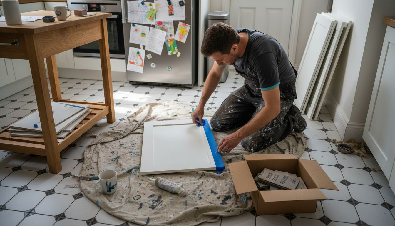 Resprayer prepping kitchen cabinet for paint