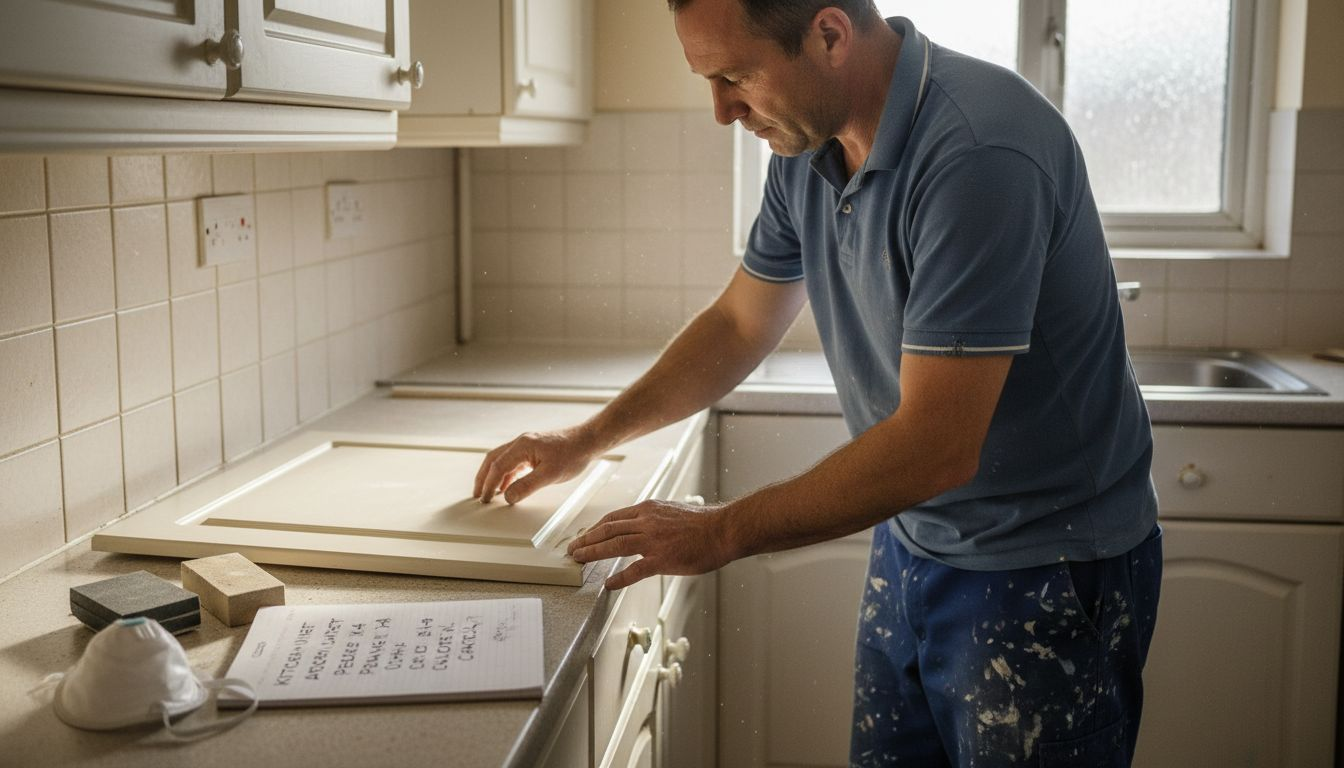 Professional evaluating kitchen cabinet for respray