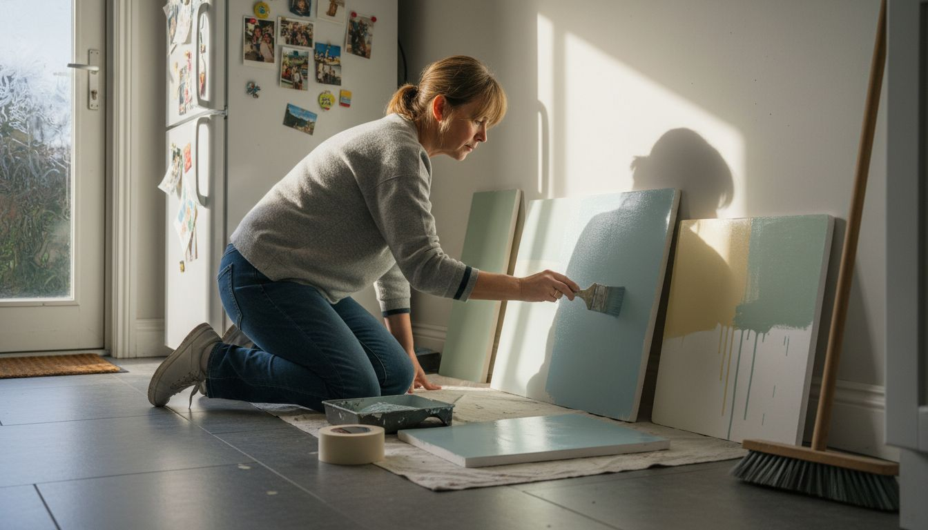 Woman painting color sample boards in kitchen