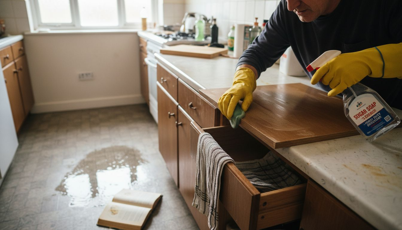 Man cleaning cabinet with sugar soap