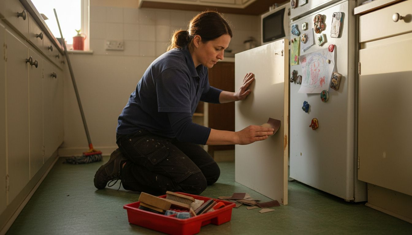 Technician sanding kitchen cabinet for paint prep