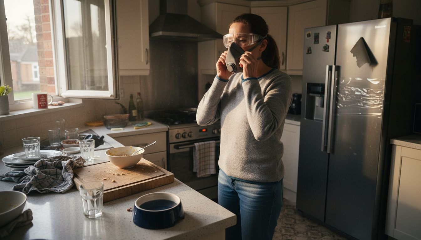 Homeowner checks safety mask during respray