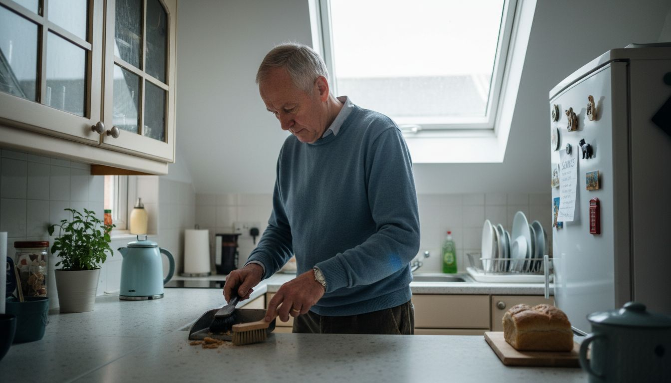 Man tidying bright, small kitchen with pale cabinets