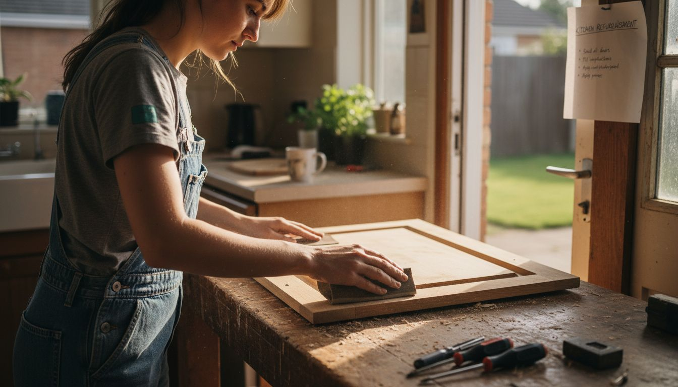 Woman sanding a cabinet door in kitchen