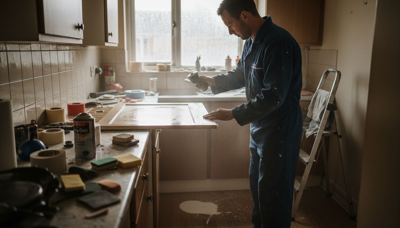 Technician spraying kitchen cabinet in UK home