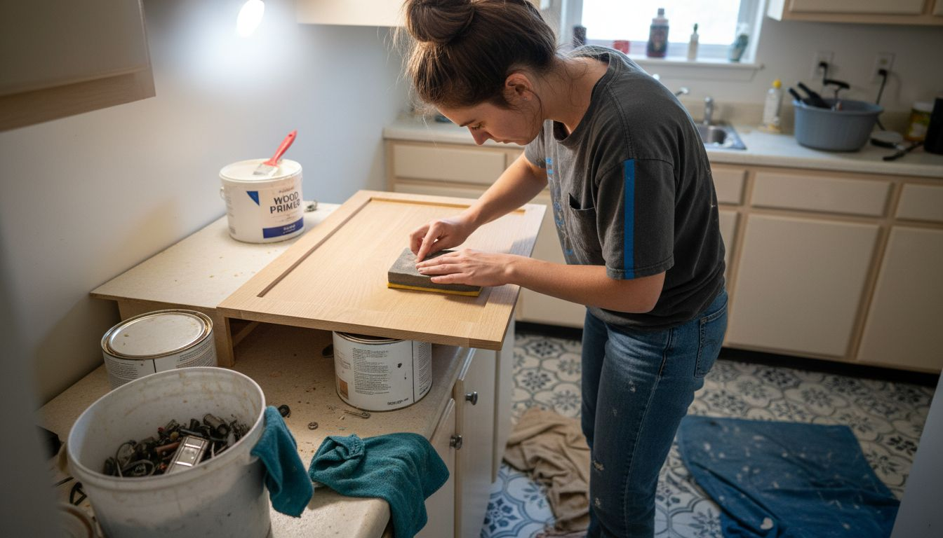 Woman sanding detached cabinet door in kitchen