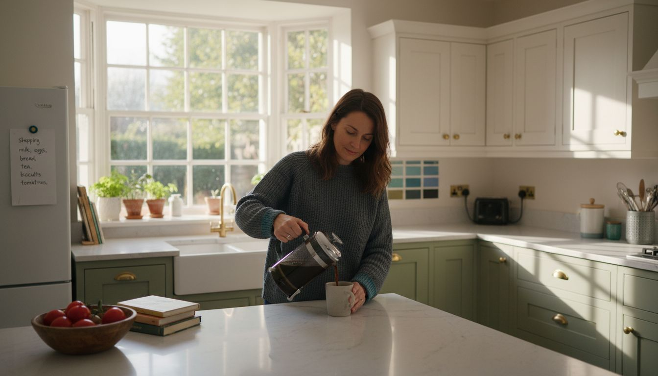 Woman pouring coffee in sunlit, two-tone kitchen