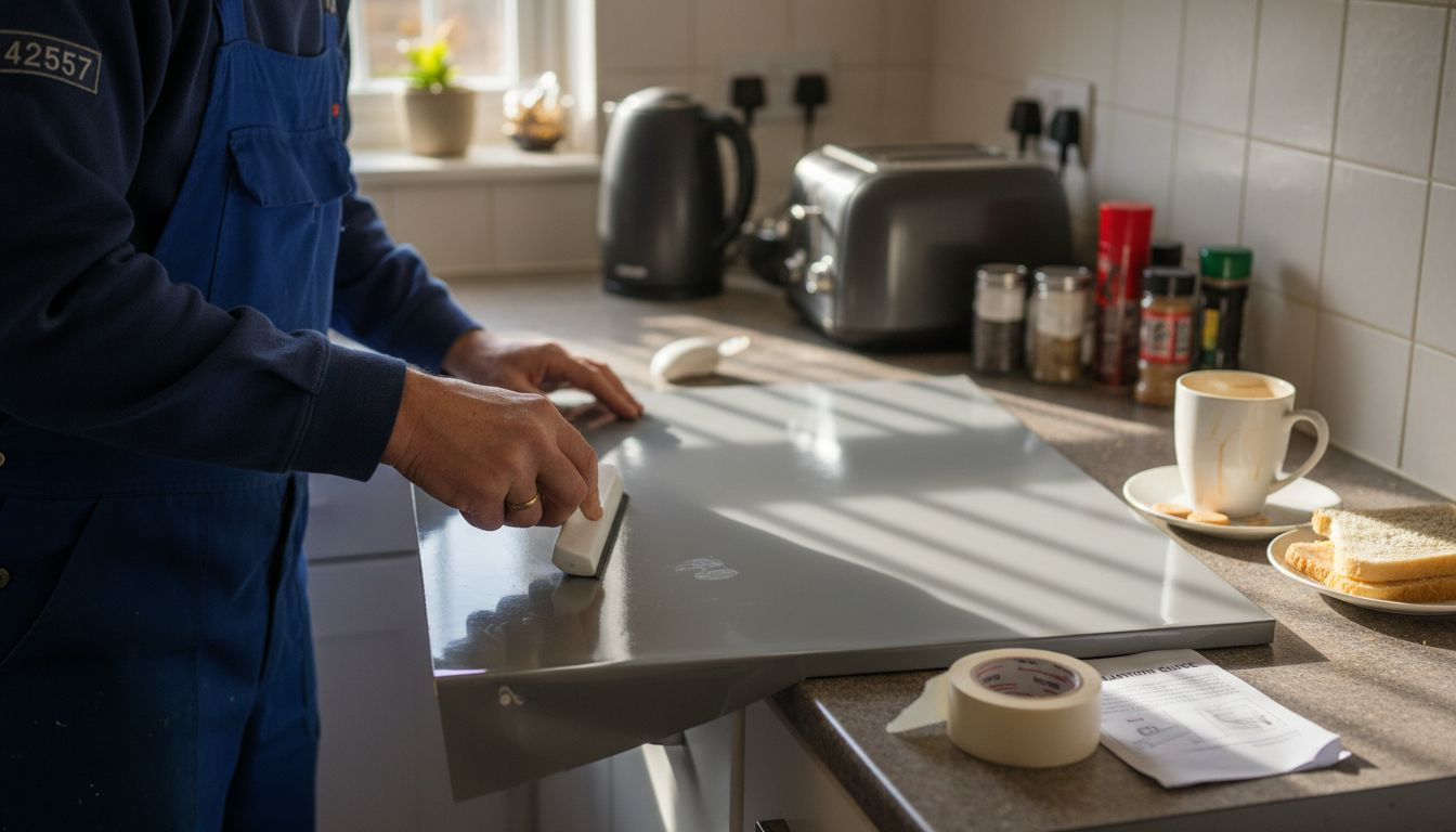 Installer applies vinyl wrap to cabinet