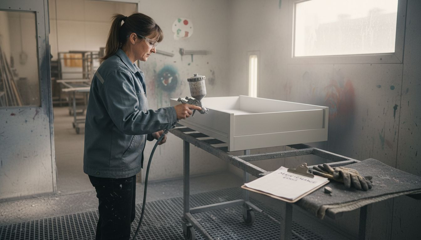 Worker spraying drawer in downdraft booth