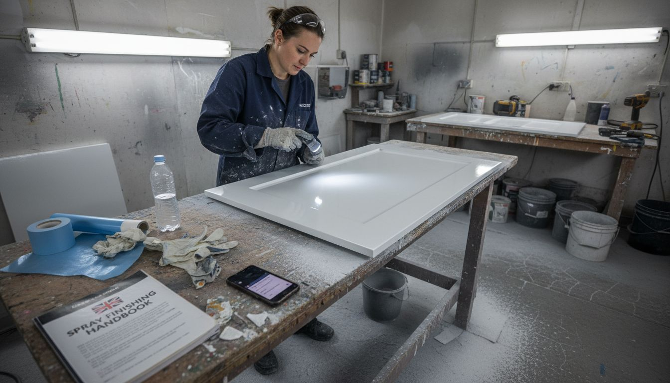Technician checks flawless sprayed kitchen door