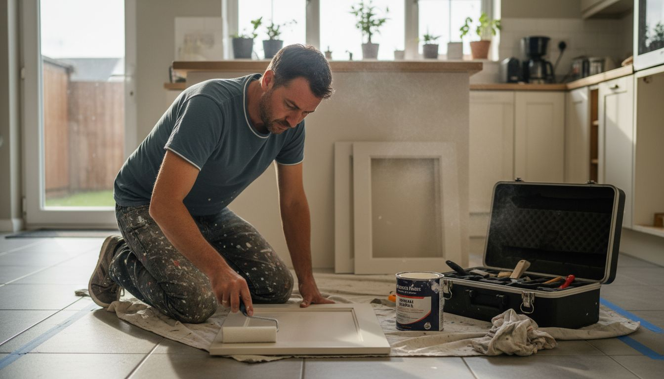 Painter applying solvent paint to kitchen cabinets