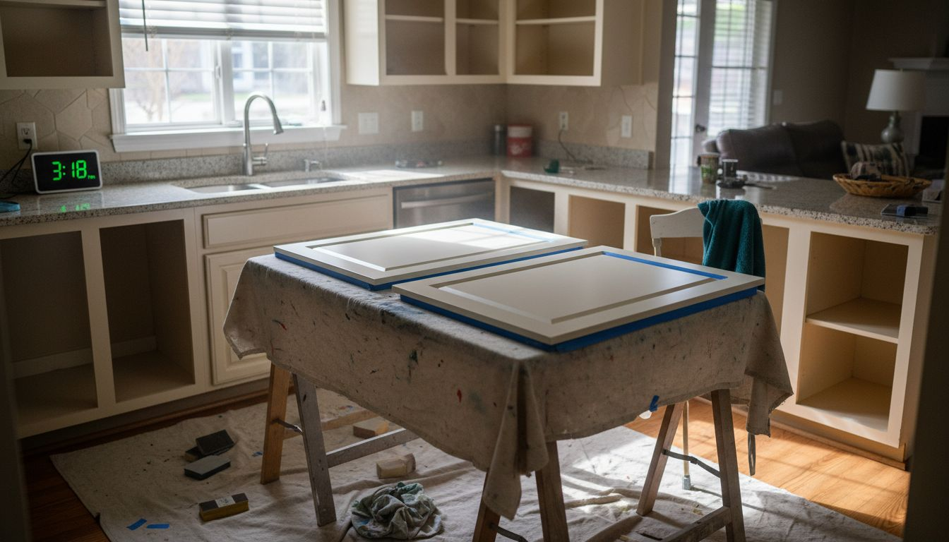 Open cabinets during air dry kitchen respray
