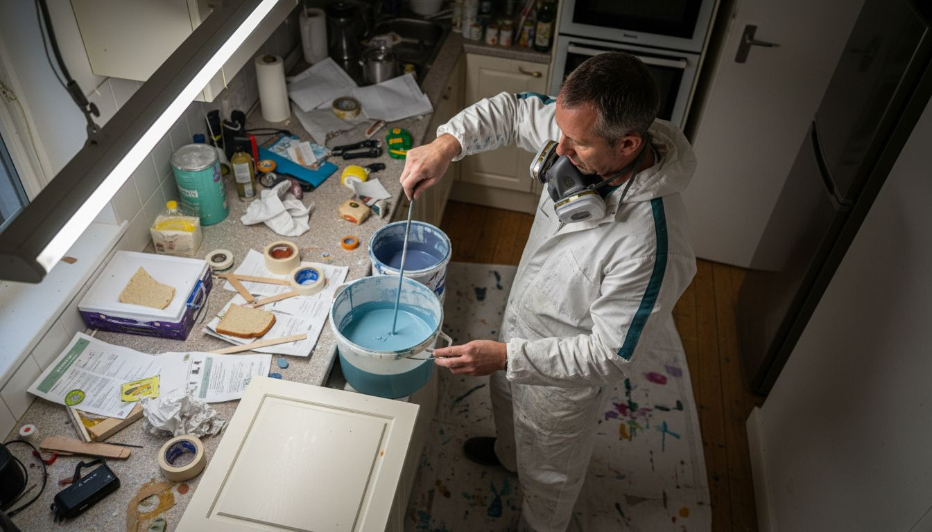 Painter mixing two pack paint in kitchen