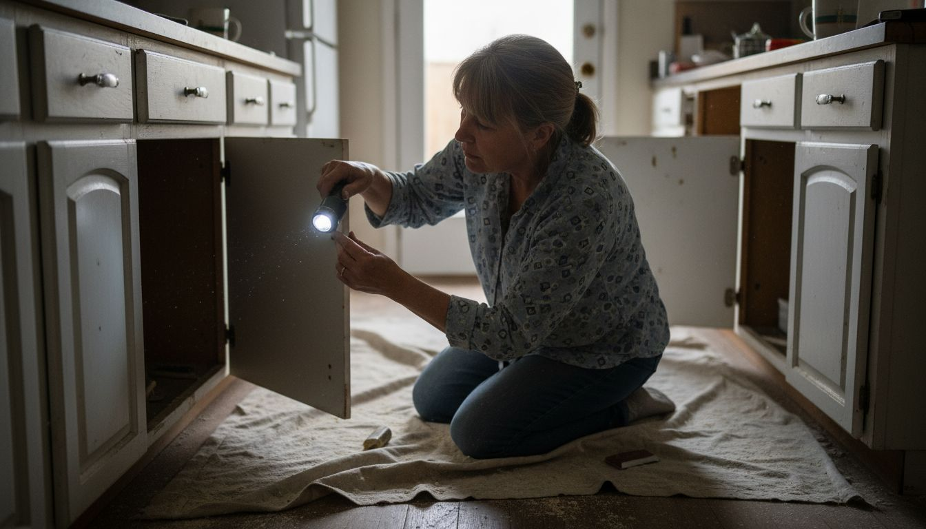 Homeowner inspects cabinet material before sanding