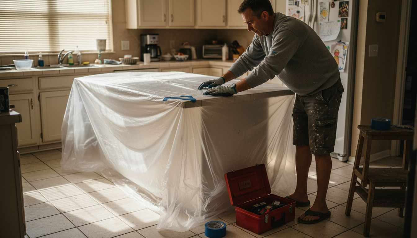 Man protecting kitchen workspace for painting