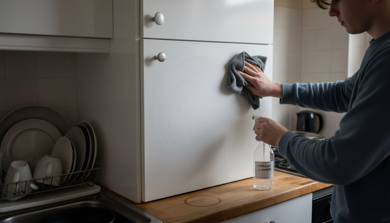 Cleaning resprayed kitchen surface with cloth