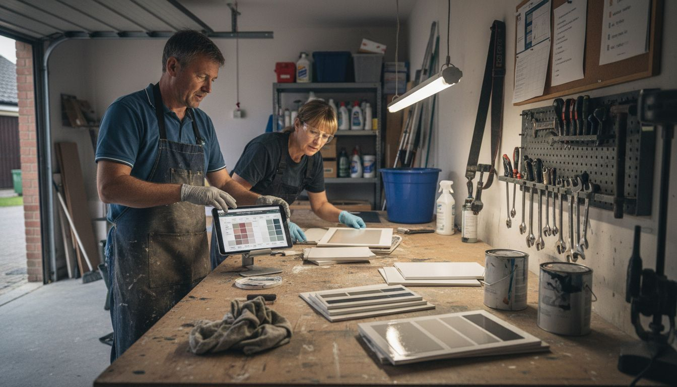 Technicians testing lacquer boards at workbench