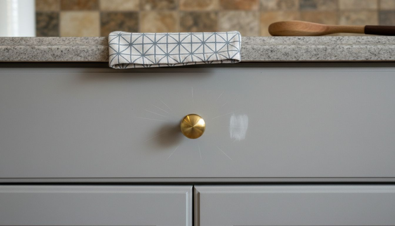 Closeup satin finished cabinet with signs of use