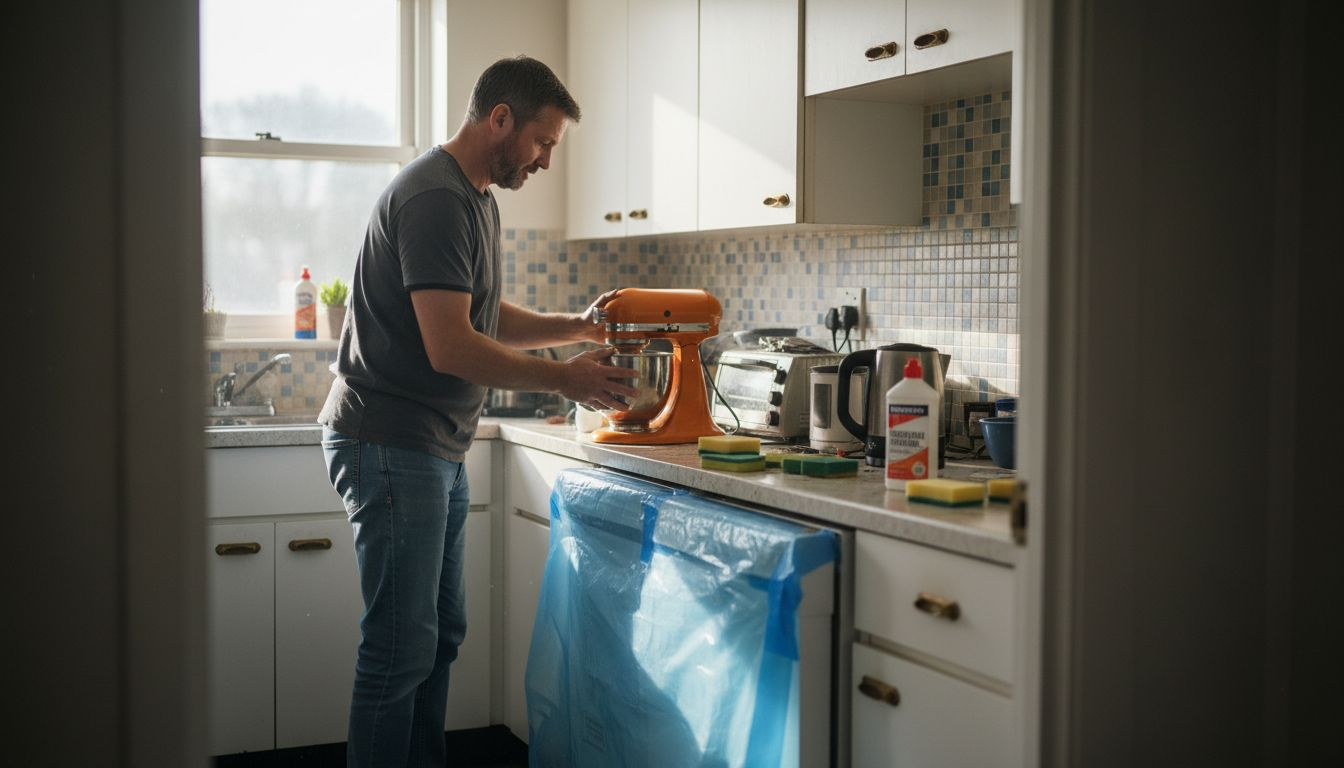 Man preparing kitchen for respraying