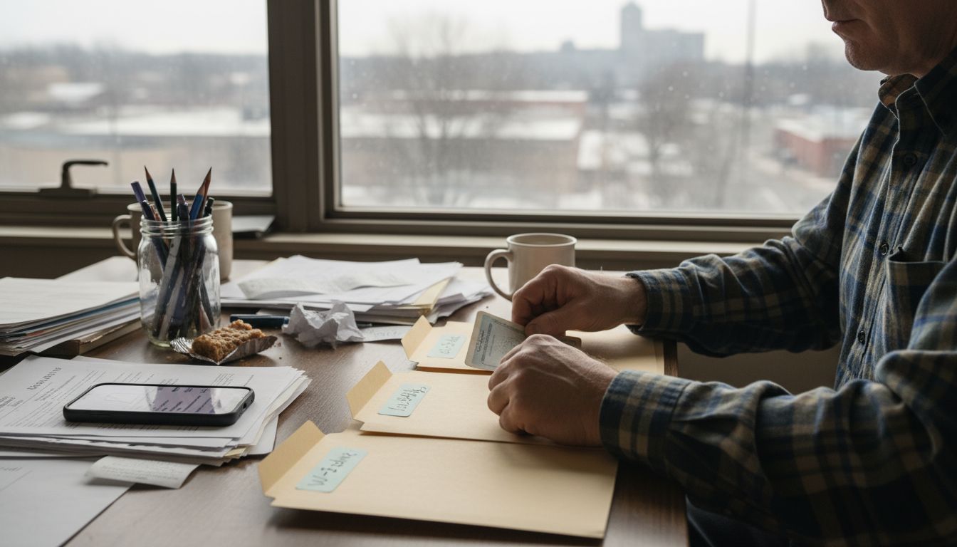 Man organizing tax documents at Akron office desk