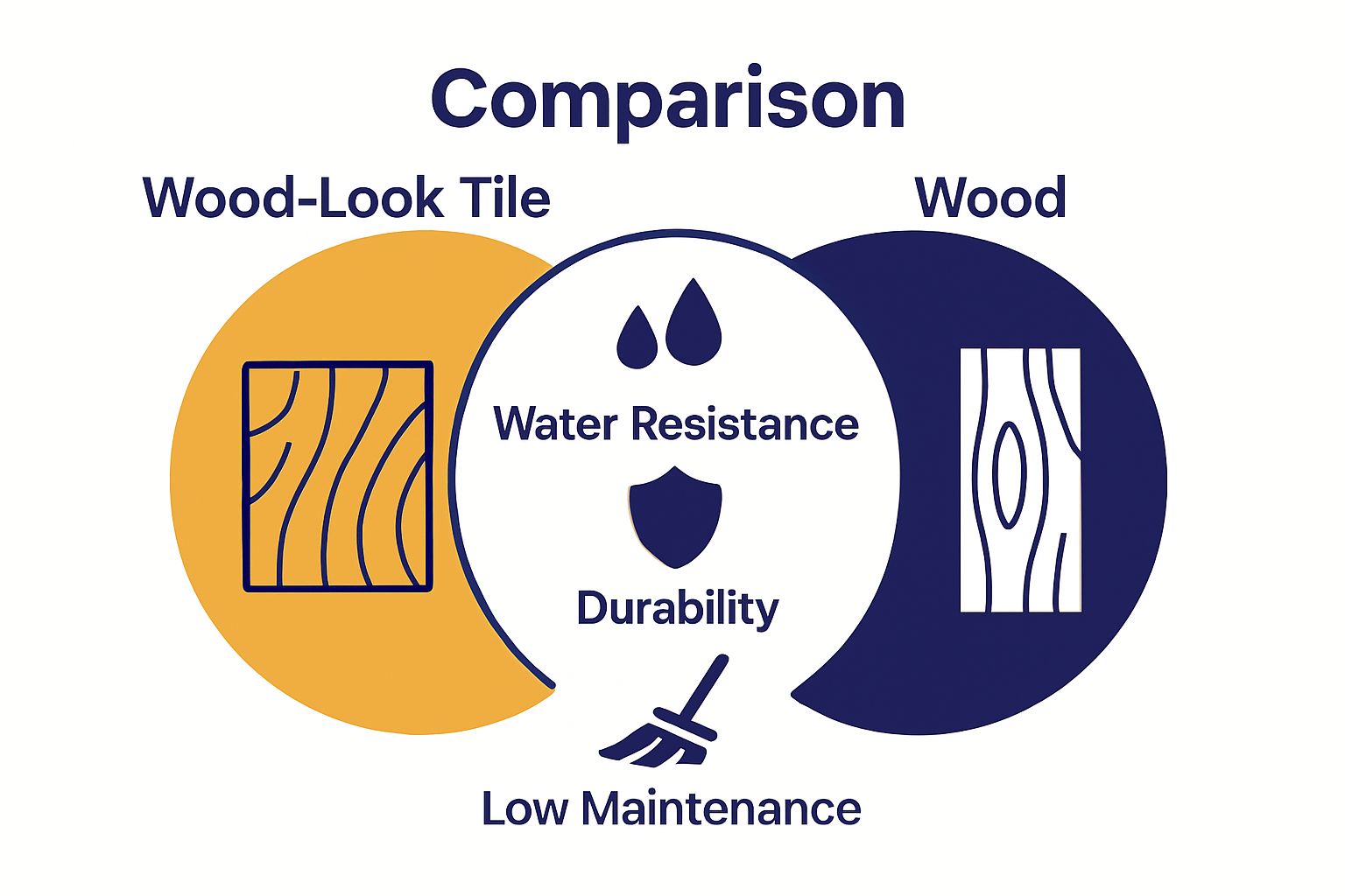 Infographic comparing wood-effect tiles and real wood: water resistance, durability, maintenance.