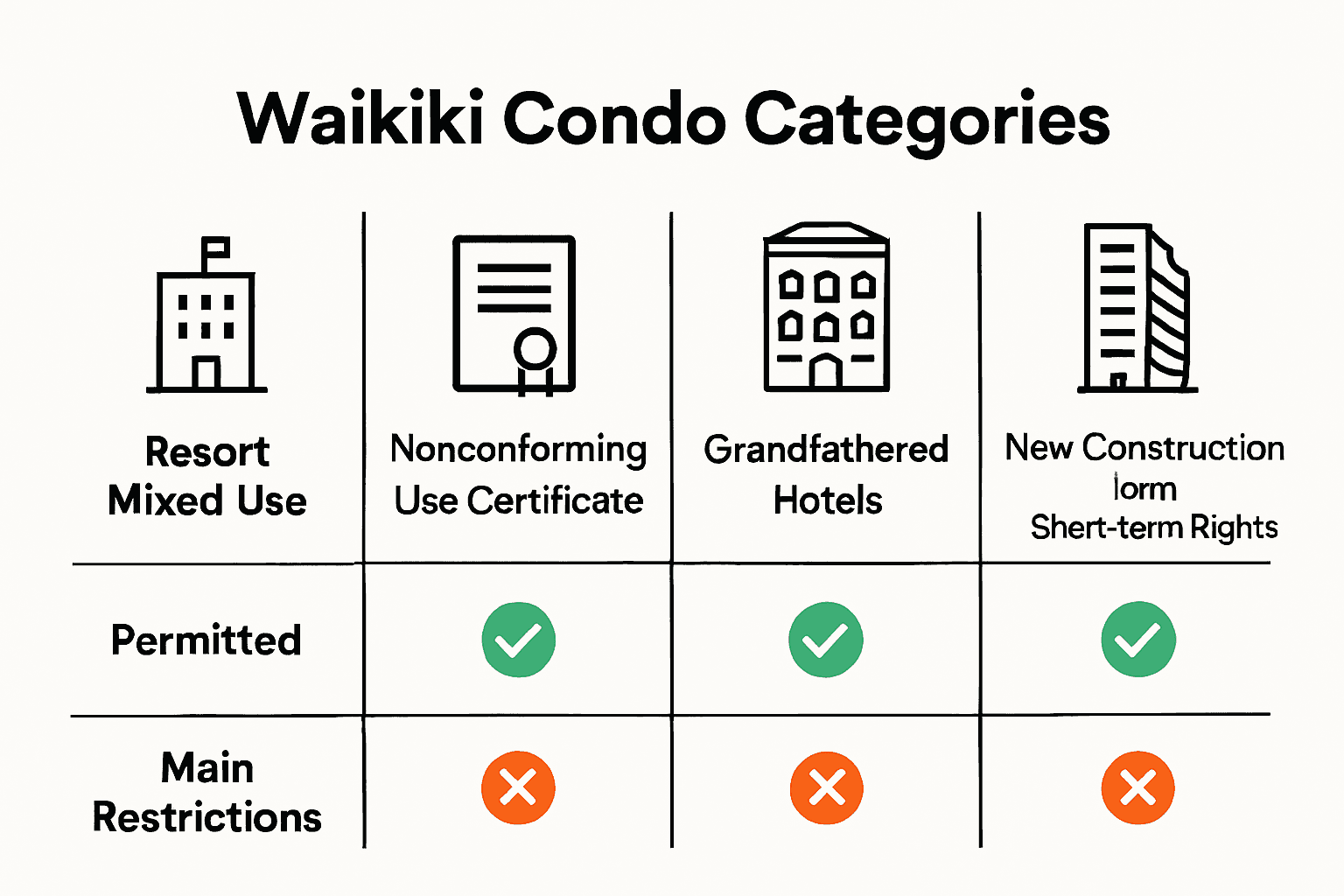 Comparison chart of Waikiki condo rental categories showing permits and restrictions
