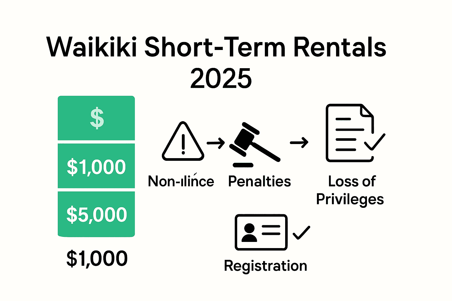 Infographic showing Waikiki short-term rental fines, compliance steps, and loss of rental privileges.