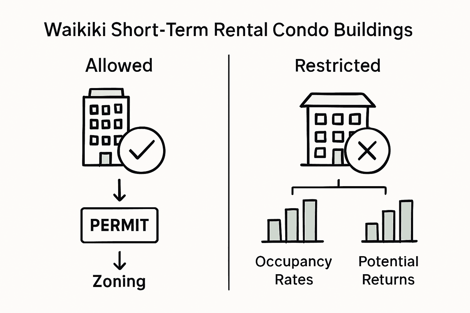 Visual comparison of Waikiki condo building rental regulations and investment returns.