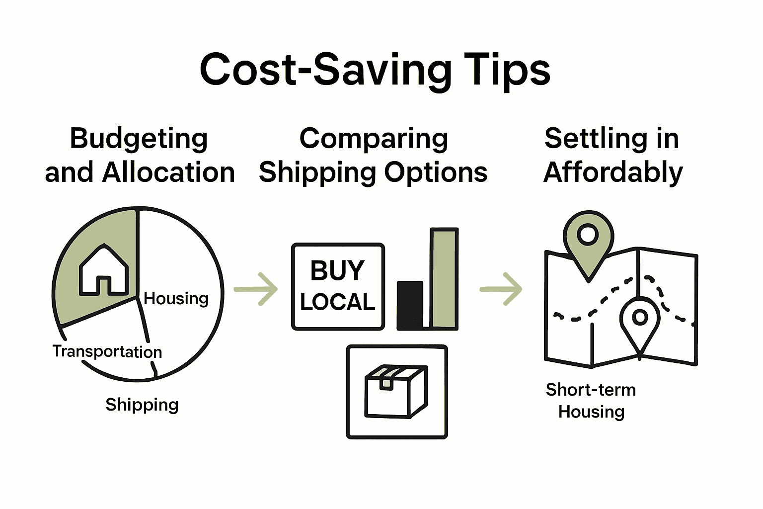 Infographic of three-step process to move to Hawaii affordably: budgeting, comparing shipping options, and settling with affordable housing.