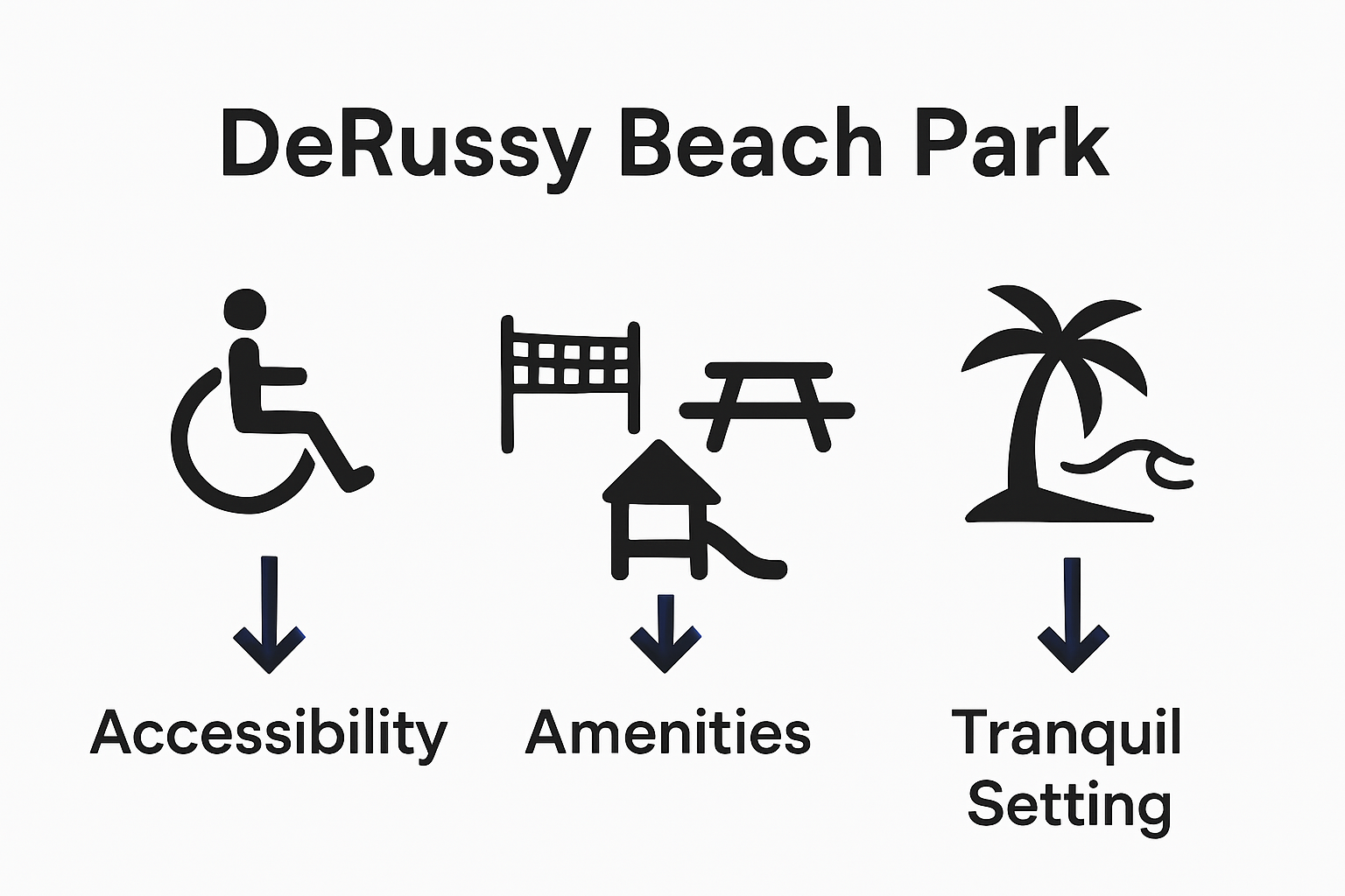 Infographic comparing accessibility, amenities, and tranquility of DeRussy Beach Park.