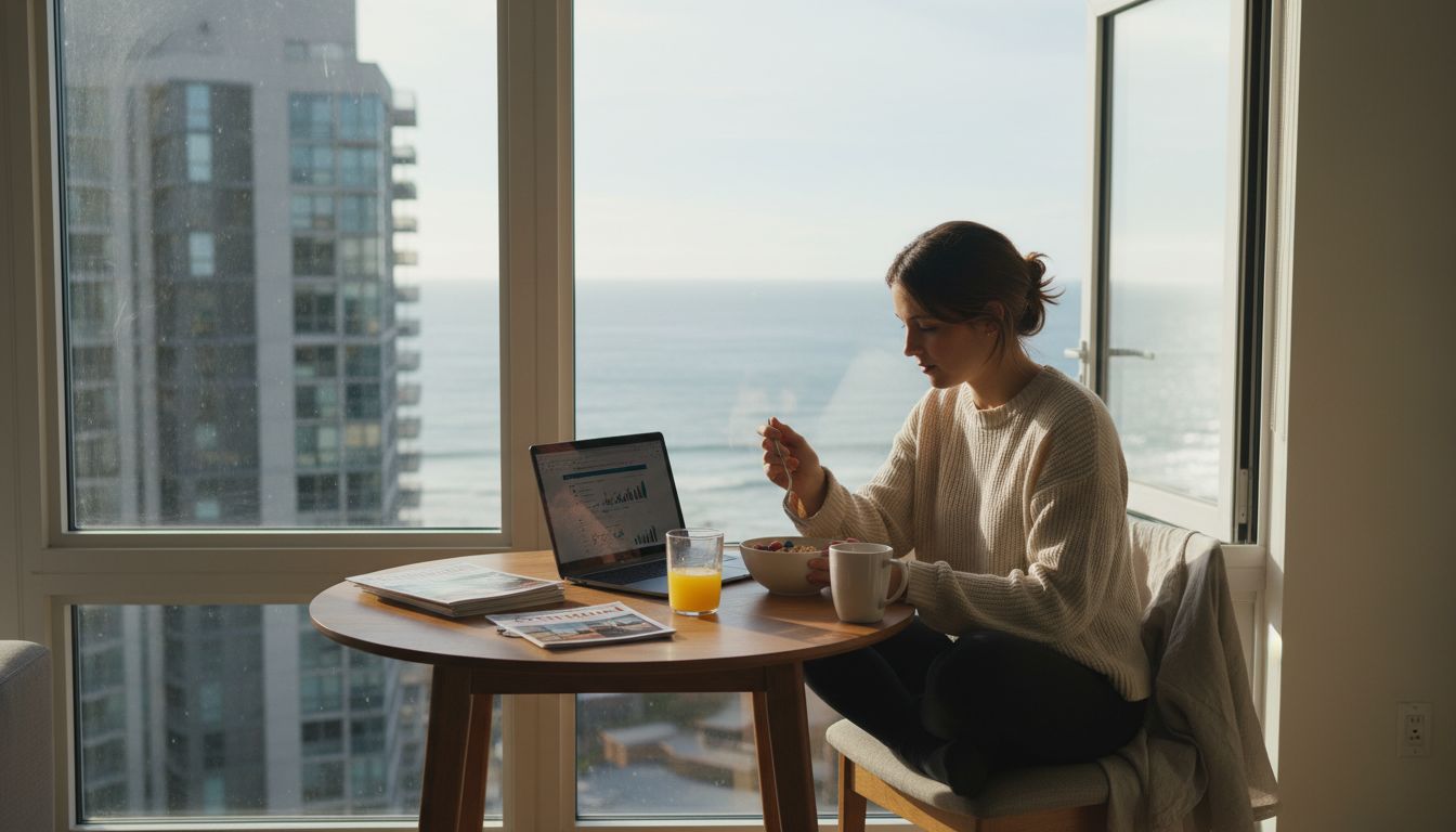 Woman eating breakfast in ocean view condo