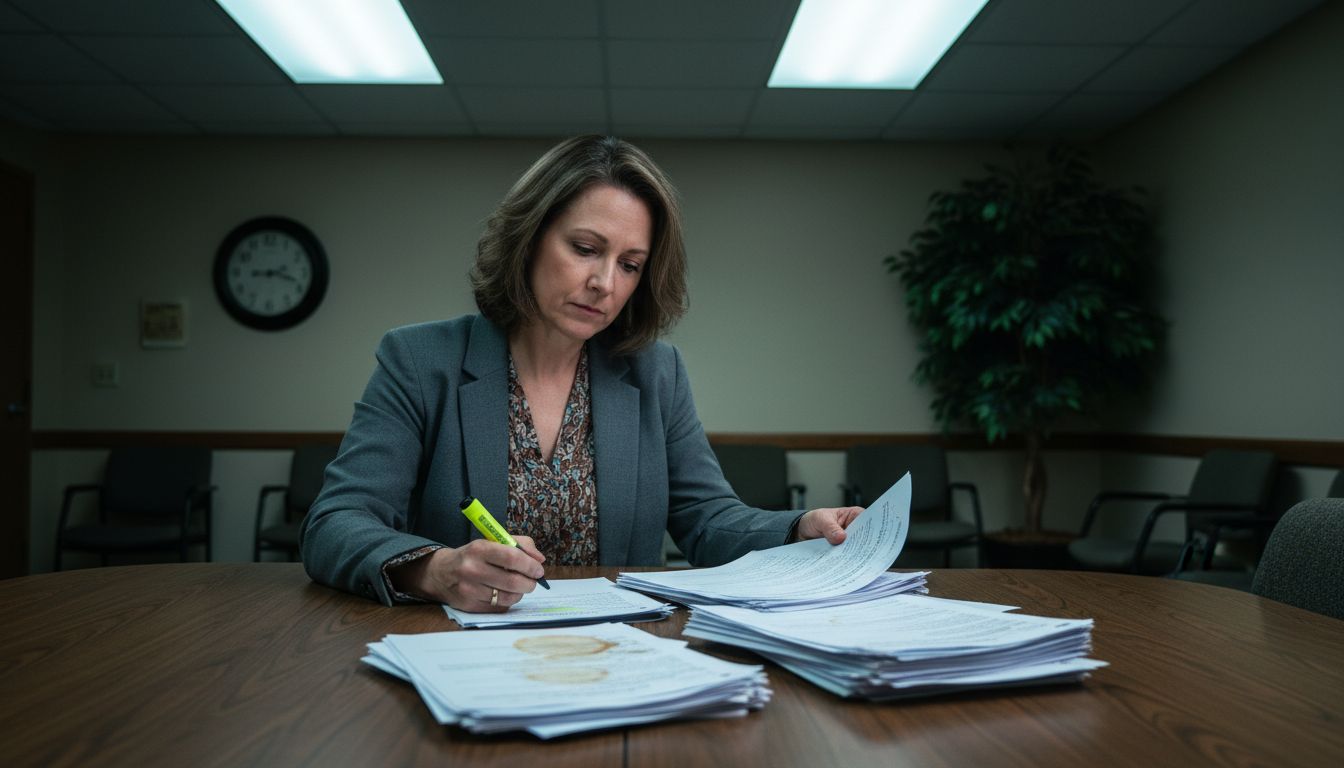 Woman reviewing HOA documents in condo meeting