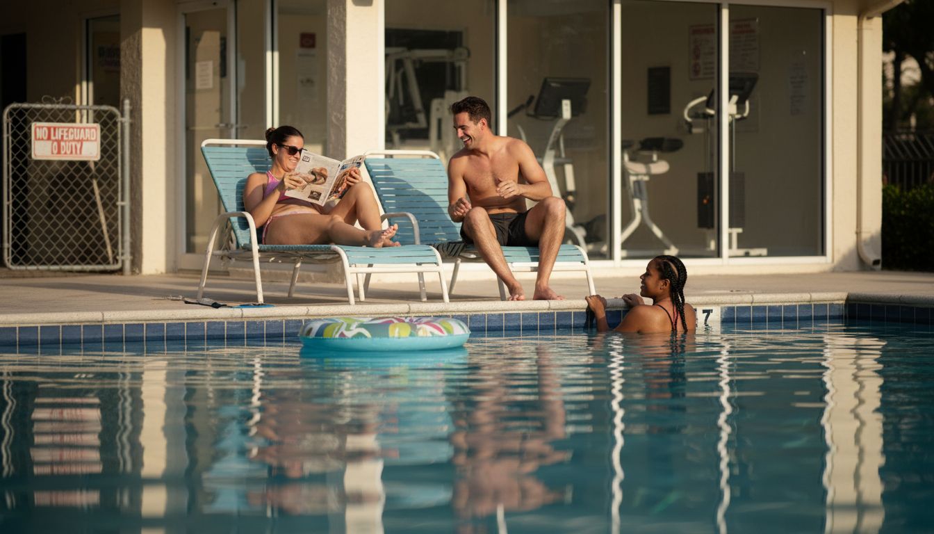 Friends by condo pool and gym area