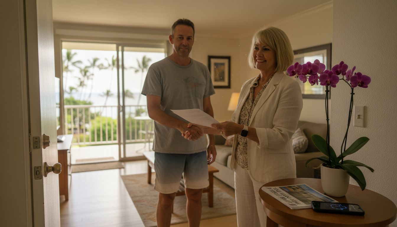 Agent giving documents at Oahu condo showing
