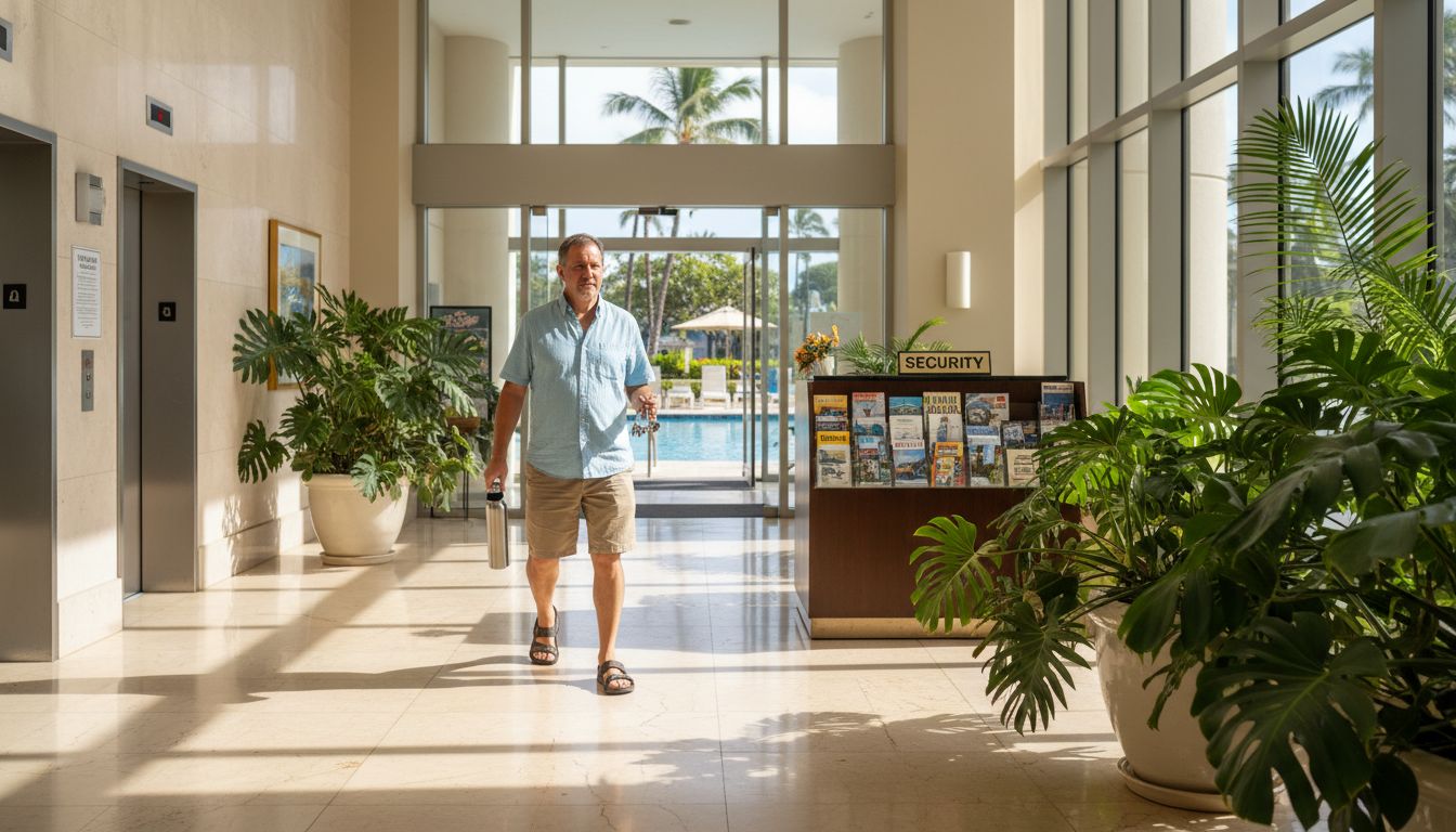 Resident in luxury condo lobby near pool