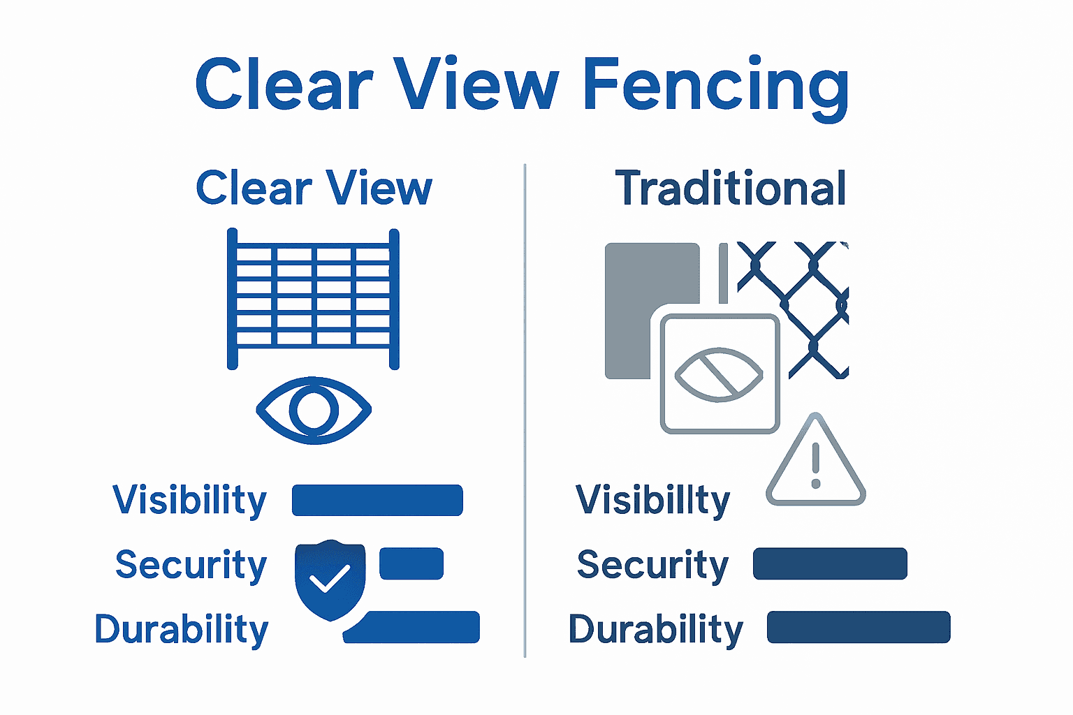 Infographic comparing Clear View and traditional fences on visibility, security, and durability.