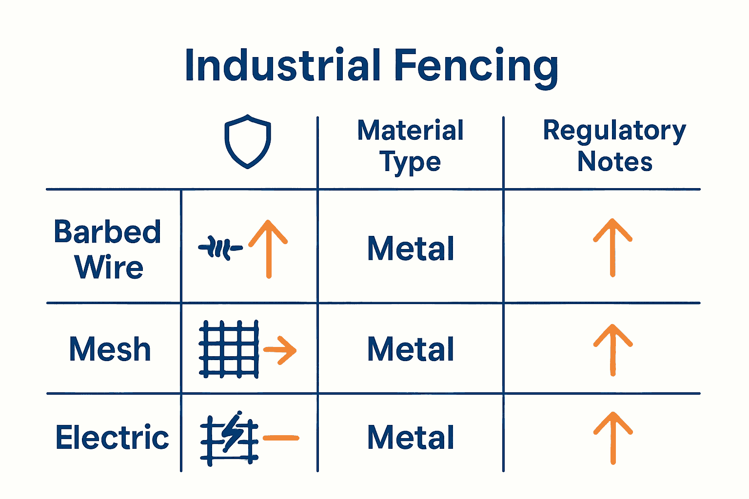 Infographic comparing three industrial fencing types—barbed wire, mesh, and electric—by security, materials, and regulations.