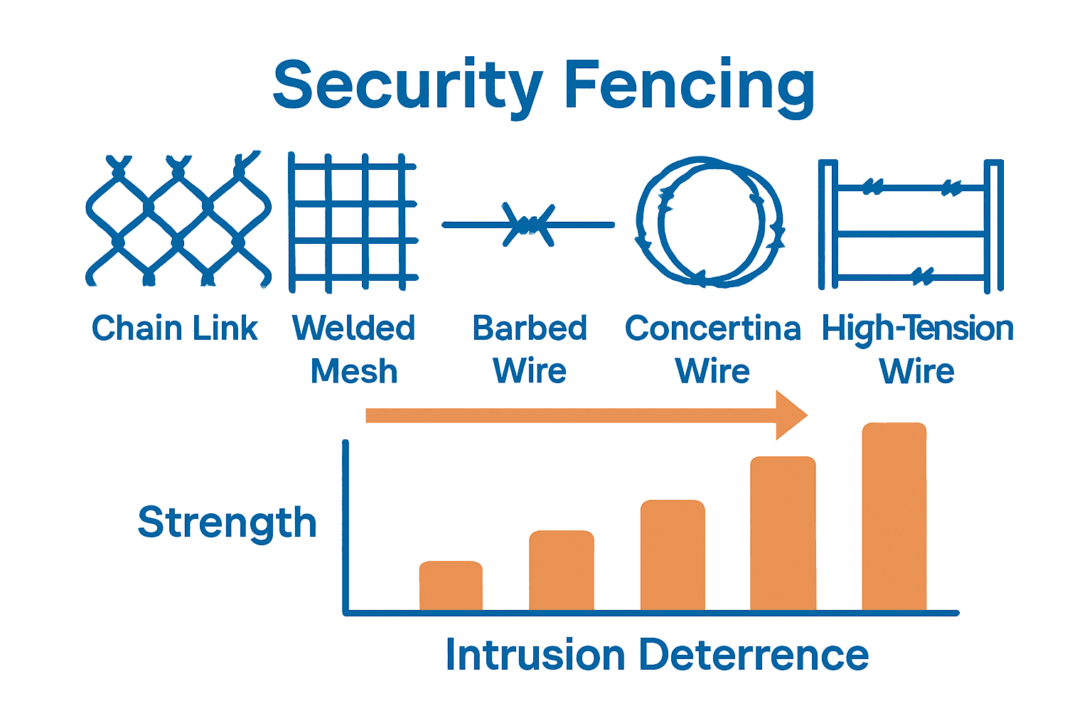 Infographic comparing major security fencing types and their advantages.