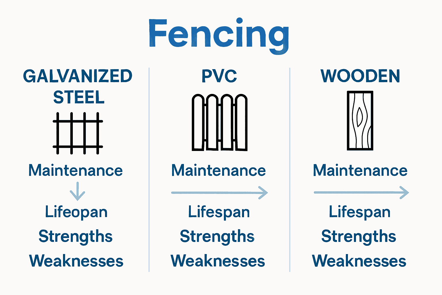 Infographic comparing galvanized steel, PVC, and wooden fencing options.