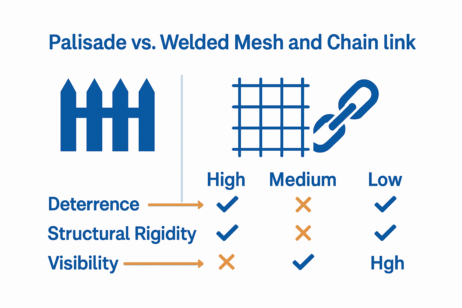 Infographic comparing palisade, mesh, and chain link fencing types and benefits.
