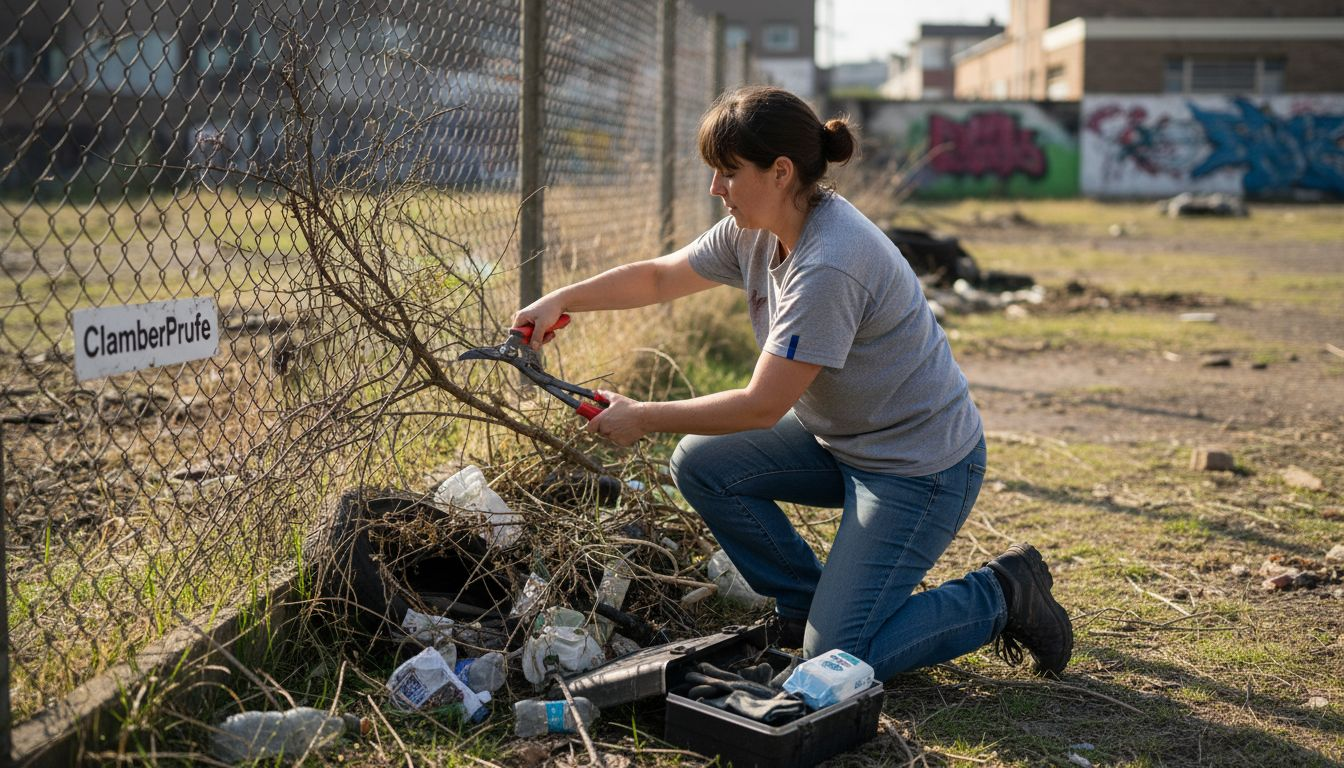 Worker removing debris near security fence