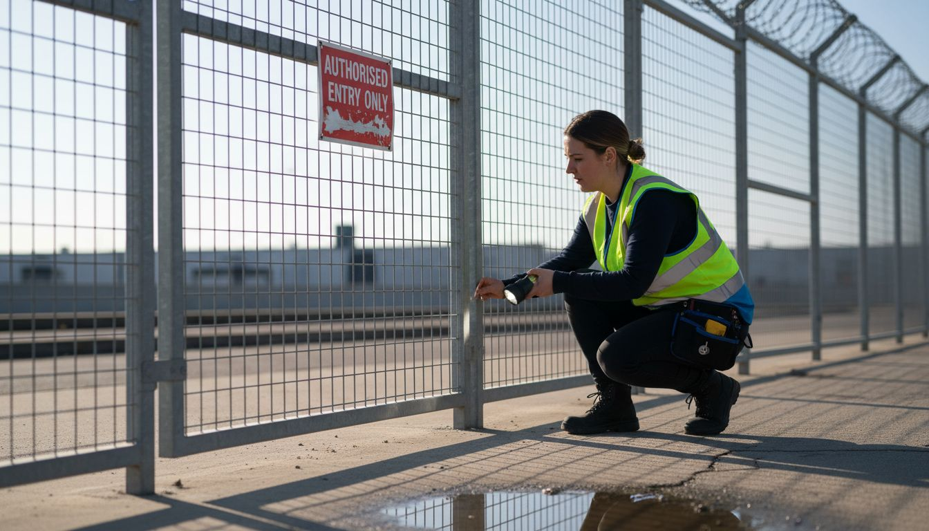 Technician inspecting layered high-risk fence