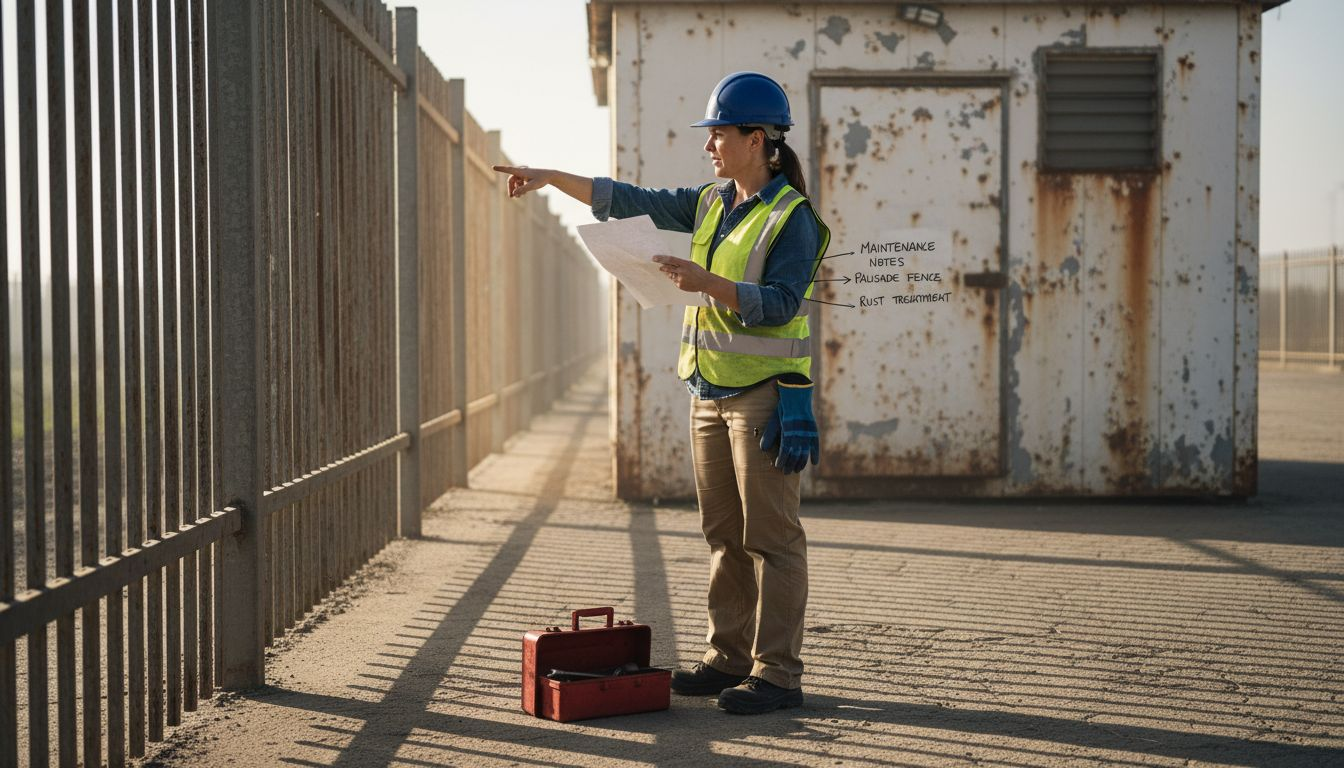 Site manager checking palisade fencing condition