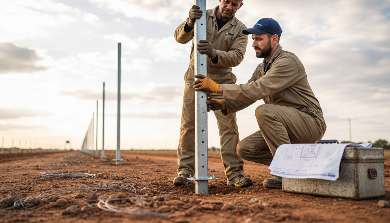 Installers align and secure fence post
