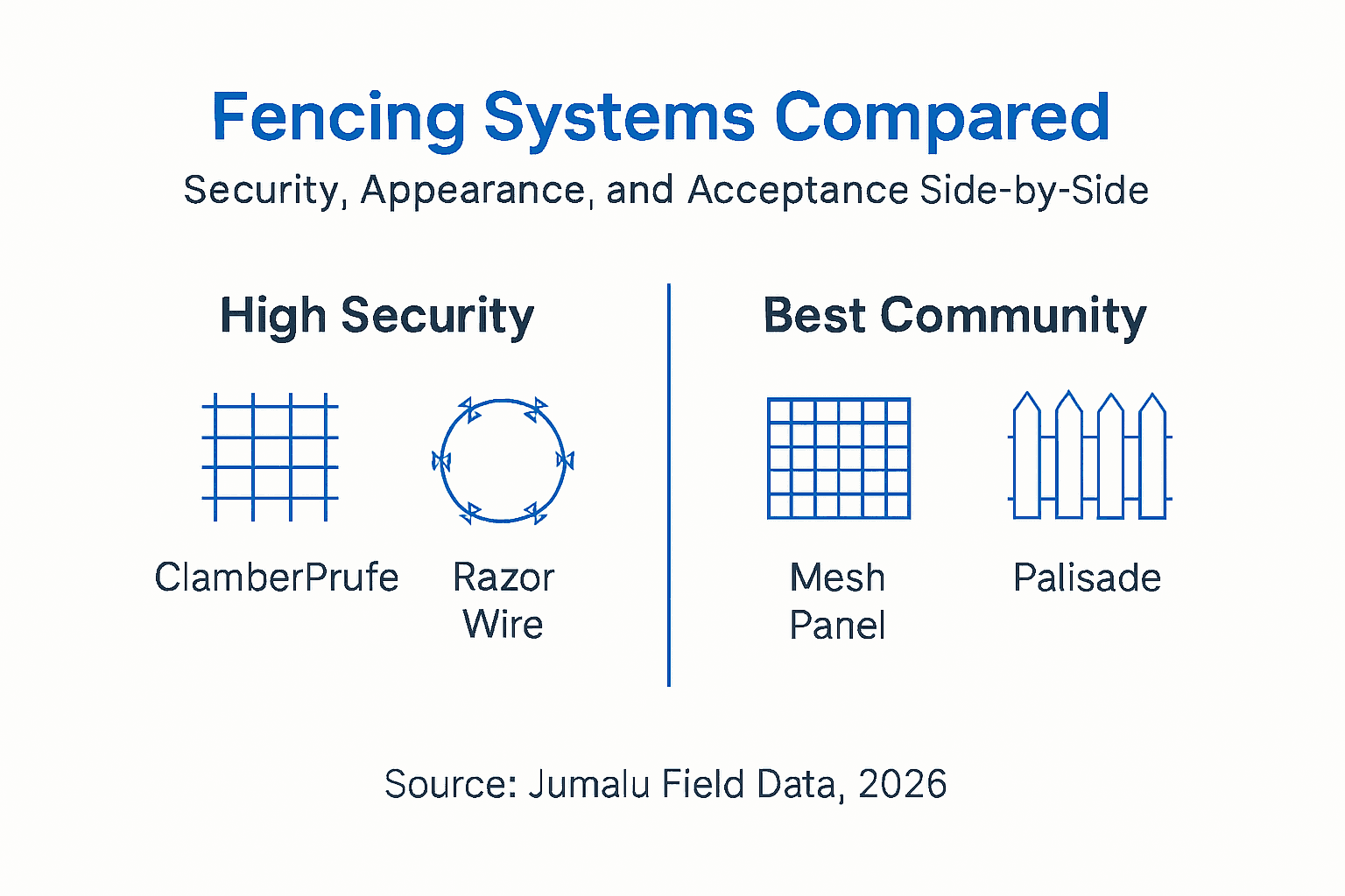 Infographic comparing fencing systems and tradeoffs