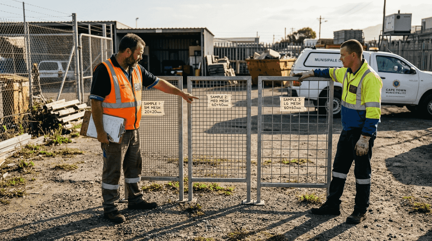 Workers comparing mesh fence aperture panels